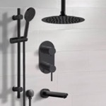 Remer TSR73 Matte Black Tub and Shower Set With Rain Ceiling Shower Head and Hand Shower